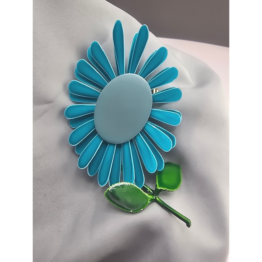 Vintage Estate Enamel Flower Brooch Blue Mod Pop Art Daisy Floral Pin 3.25in